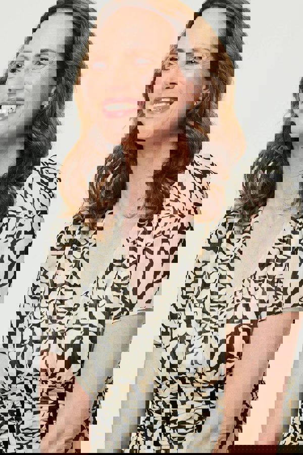 White | Printed Ruched Front V-Neck Midi Dress
