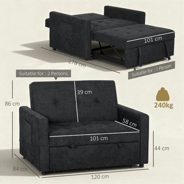 Loveseat Sofa Bed, Convertible Bed Settee with 2 Pillows, Side Pockets, Black