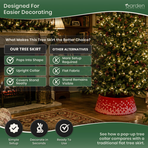 Pop Up Christmas Tree Skirt Collar in Red Snowy Pattern Fabric, Sprung Steel Frame Stand Cover, Fits 1.5–2.1m Trees, 56cm Diameter x 25cm High