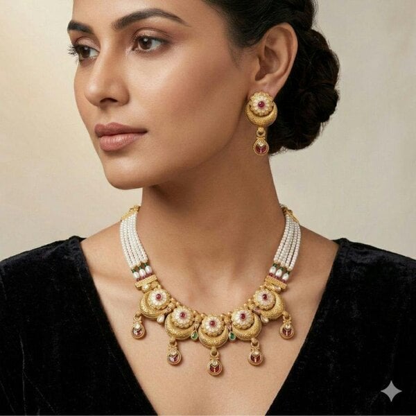 The Colourful Aura Gold Meenakari Disc Choker Necklace Set with Pearl Chain and Earrings