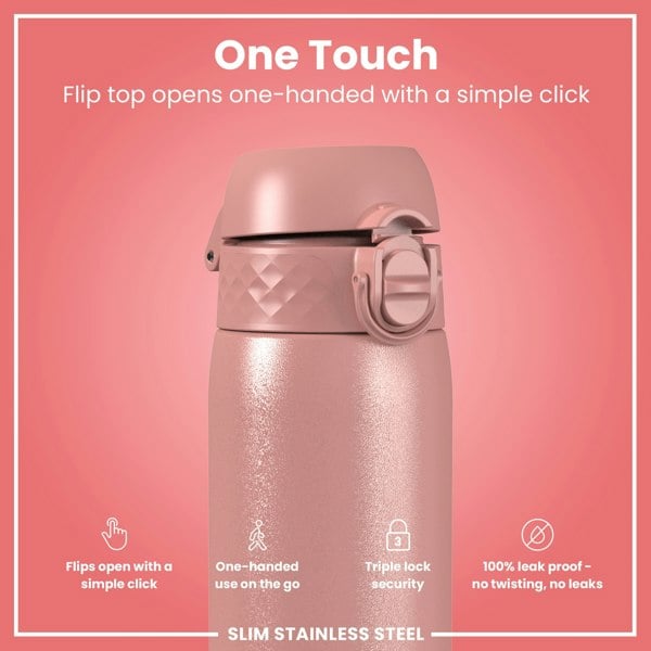 ION8 Leak Proof Slim Water Bottle, Stainless Steel, Ash Rose, 600ml (20oz)