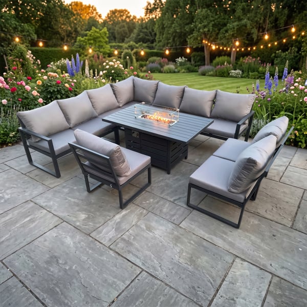 Fimous Aluminium 10 Seater Lounge Corner Sofa Outdoor Garden Furniture Sets Gas Fire Pit Dining Table Set Dark Grey