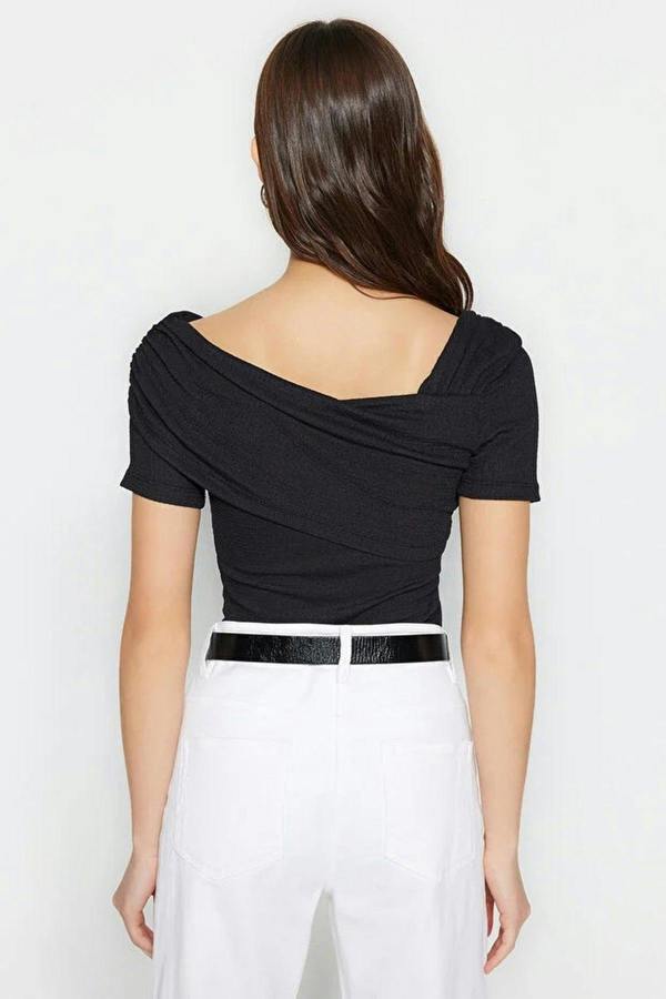 WOVCOR Asymmetrical Collar Fitted Snap Button Knitted Bodysuit