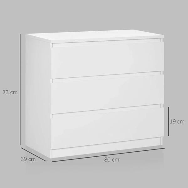 White three-drawer chest with visible height and width measurement lines.