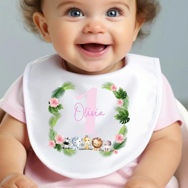 Personalised Pink Jungle Animals Baby Grow, Vest or Bib with Name