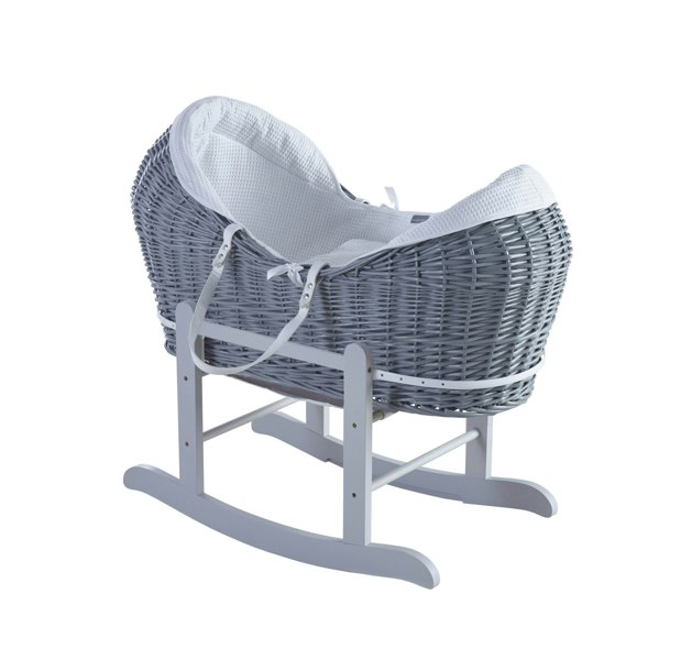 Kinder Valley White Waffle Grey Wicker Pod Moses Basket with Rocking Stand Deluxe Grey