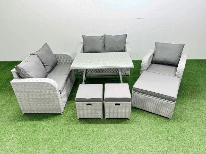 Fimous 8 Seater Outdoor Rattan Garden Furniture Set Love Sofa Reclining Chair Set with Rectangular Dining Table 3 Footstools Light Grey