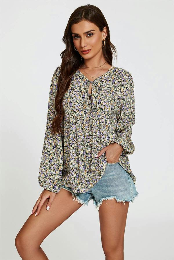 FS Collection Floral Print long sleeve Blouse Top In Purple