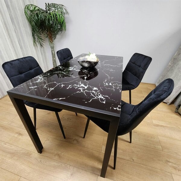 Kosy Koala Dining Table and 4 Chairs Black Marble Effect Glass 4 Velvet Black Chairs Dining Room Furniture