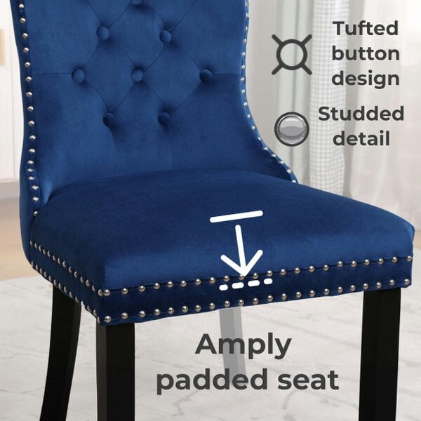 Neo Set Of Two Midnight Blue Studded Velvet Dining Chairs with Ring Knocker Detail