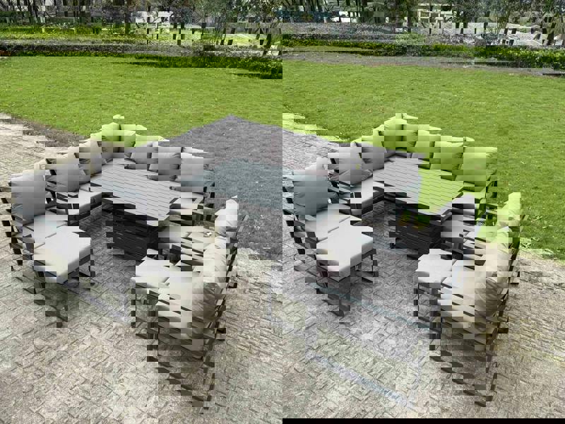 Fimous 12 Seater Aluminium Garden Furniture Set with Adjustable Rising Dining Table, Corner Sofa, 3 Footstools, 3 Chairs - Grey