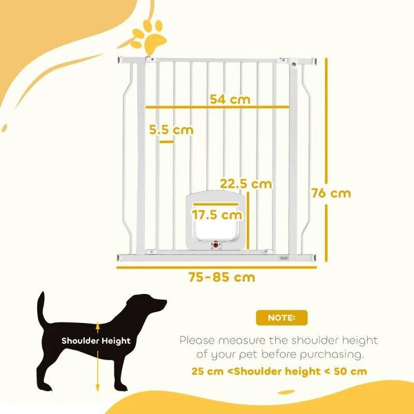 Adjustable Pet Gate with Cat Door, Pressure Fit Barrier for Doorway and Hallway, 75-85 cm, White