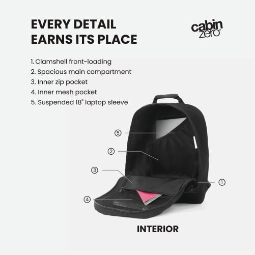CabinZero Classic Cabin Backpack 44L, Large Carry On Travel Backpack for Week-Long Trips, Max Cabin Size
