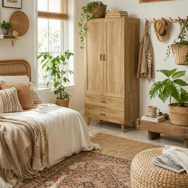 Wyld Haus Corasoro Natural Wood Finish 2 Door Modern Wardrobe With 2 Drawers And Hanging Rail