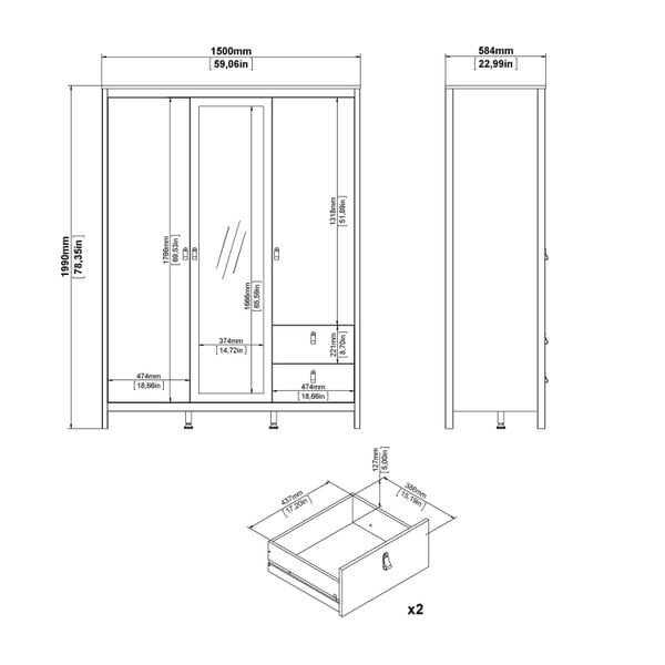 Wyld Haus Gossmere Matt Black Wardrobe 3 Doors 2 Drawers