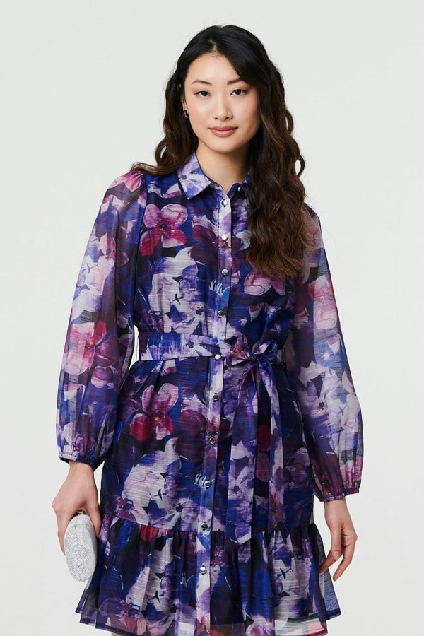 Blue | Floral Tie Waist Mini Shirt Dress
