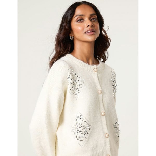 Blue Vanilla Diamante Sequin Brochure Button Front Cardigan