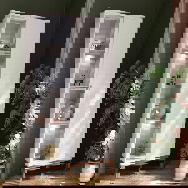 Furniture To Go Wensley Display Cabinet with 1 Door and  1 Glass Door in Light Grey and Oak inc LED Lighting