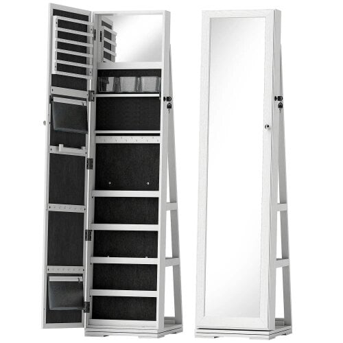 Bobobiy 360° Swivel Jewellery Cabinet, Lockable Jewellery Organiser with Built-in Makeup Mirror and Storage Shelves, White
