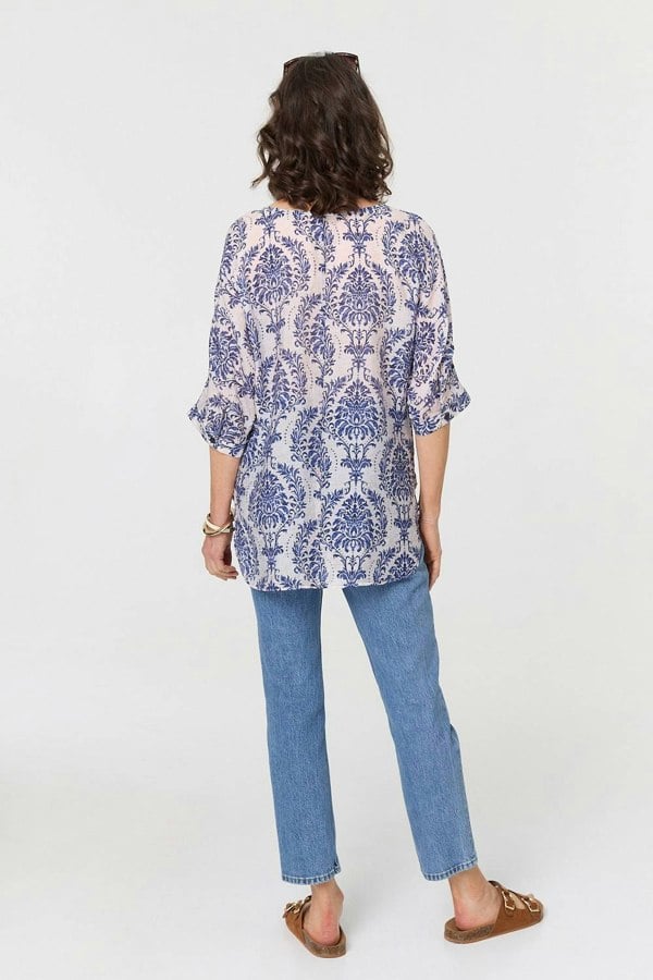 Blue | Baroque Print 3/4 Sleeve Relaxed Blouse
