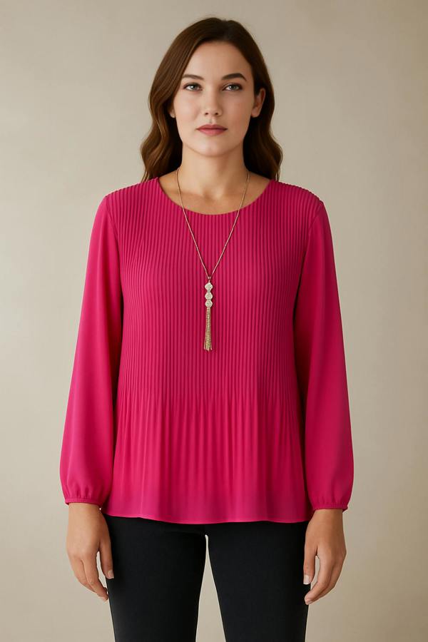 Hoxton Gal Oversized Long Sleeves Pleated Top with Tulle Details in Pink with Necklace