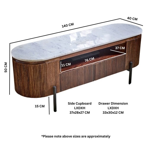 IH Design Miel Mango Wood TV Cabinet With Marble Top & Metal Legs