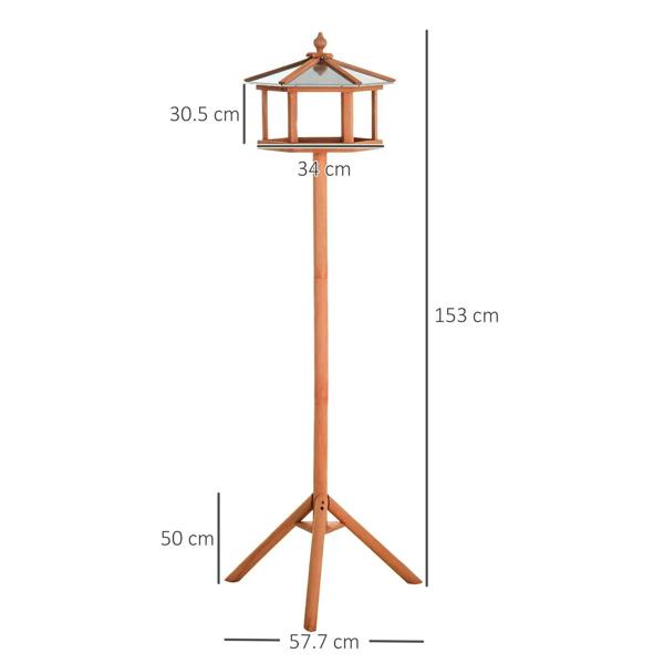 Wooden bird feeding table on tripod stand, height 153 cm, hexagonal roof.