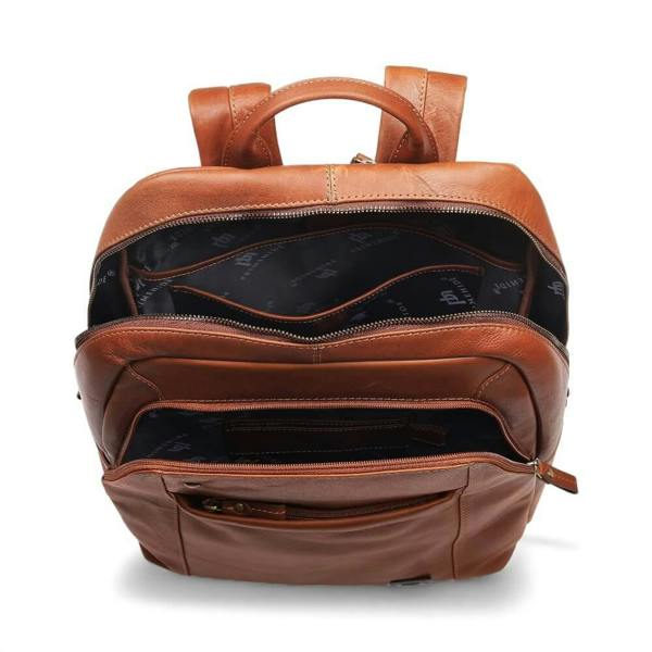 Tan leather backpack with open compartments on a white background