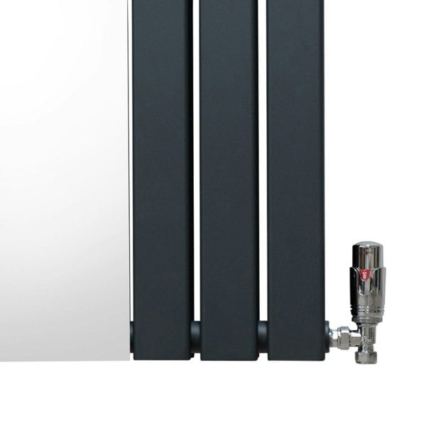 Flat mirror radiator in anthracite grey, 1800mm x 565mm, featuring sleek vertical panels and a valve for easy temperature control