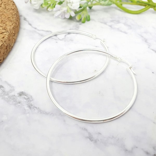 Sterling Silver Large 50mm Sleeper Creole-Hinged Hoop Earrings