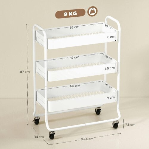 Wyld Haus Saseta Sosa Metal White 3 Tier Rolling Utility Trolley With Mesh Baskets