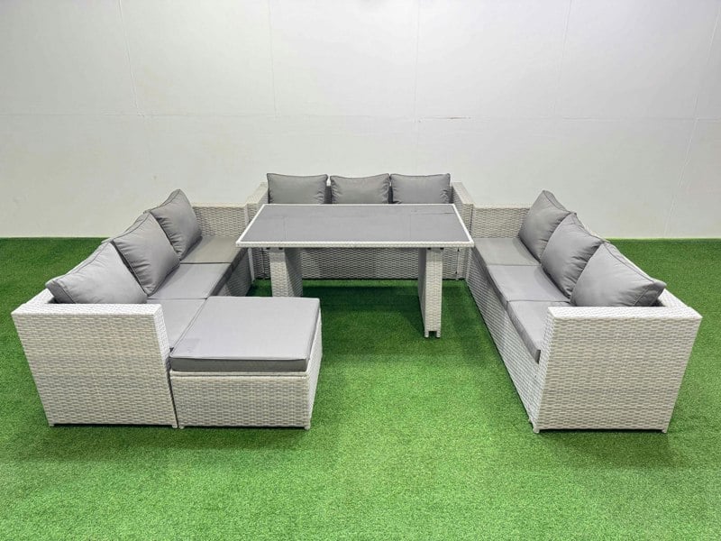 Fimous Patio Outdoor Garden Furniture Sets with Black Glass Top Dining Table 3 Seater Sofa Big Stool Light Grey
