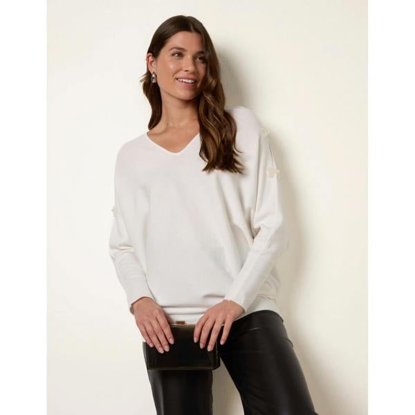 Blue Vanilla V-Neck Batwing Shoulder Pearl Detailing Jumper