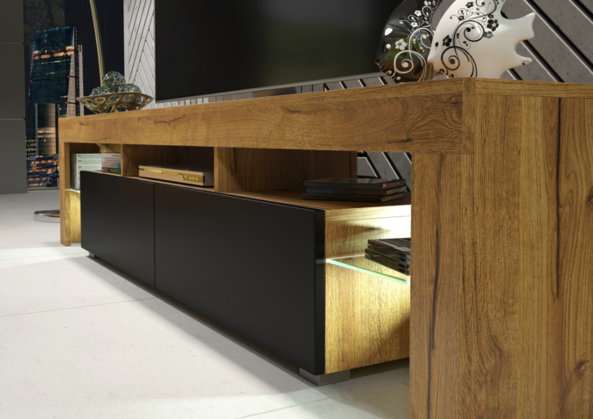 Mex Furniture Sleek 200 cm Modern TV Unit Cabinet Stand Oak Matt Black Doors with Free LED Lights