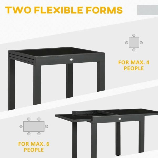 Extending outdoor dining table with dark aluminium frame and tempered glass top, featured