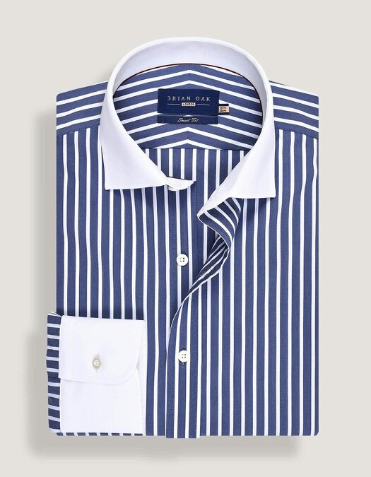 Men's Navy Striped Cotton  Contrast Collar Shirt