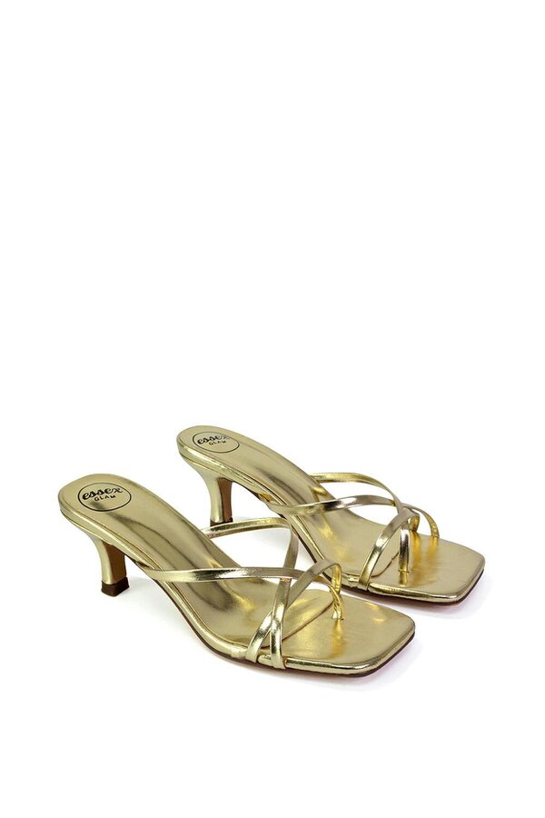XY LONDON Strappy Square Toe Kitten Heel Slip on Mule Sandals