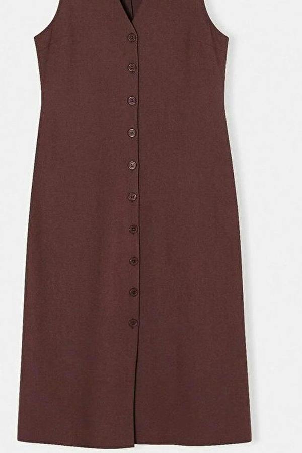 Belted Linen Blend V Neck Midi Shirt Dress