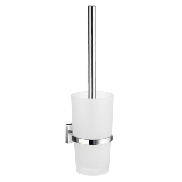 Polished chrome toilet brush with frosted glass holder