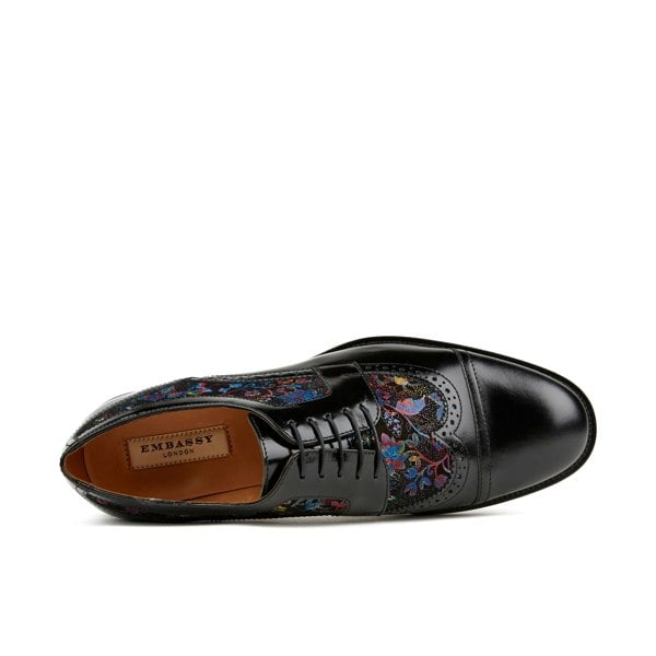Embassy London Orlando - Black Flower - Men's toe cap dressy black shoe with flower print leather