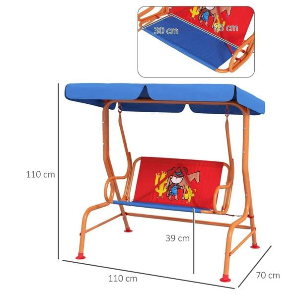 Two-seat kids swing with blue canopy and red cowboy panel, with size measurement lines