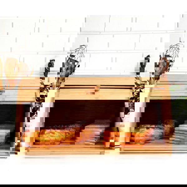 MANTRARAJ Bamboo Bread Bin Storage Counter Top Roll Top Bread Box Space Saving Roll-Top Breadbin for Countertop Store