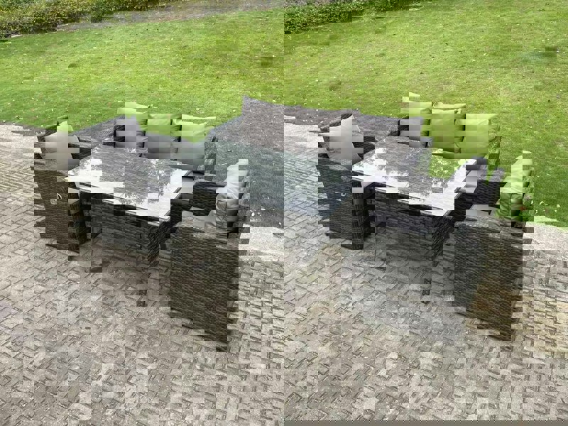 Fimous Dark Grey PE Wicker Rattan Garden Furniture Set 3 Seater Lounge Sofa Reclining Chair Outdoor Rectangular Dining Table 5 Seater