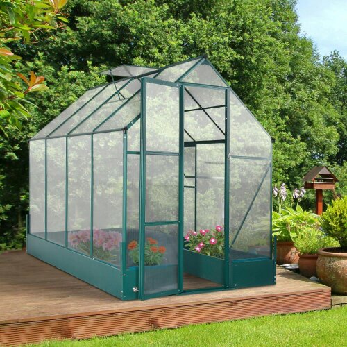 Outsunny Walk-in Greenhouse Garden Polycarbonate Aluminium w/ Smart Window 6x6ft - 6 x 8ft - Transparent, Green