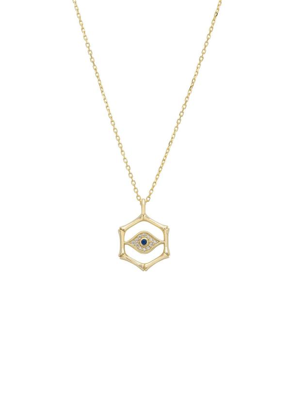 Gold necklace with an eye-shaped pendant on a white background