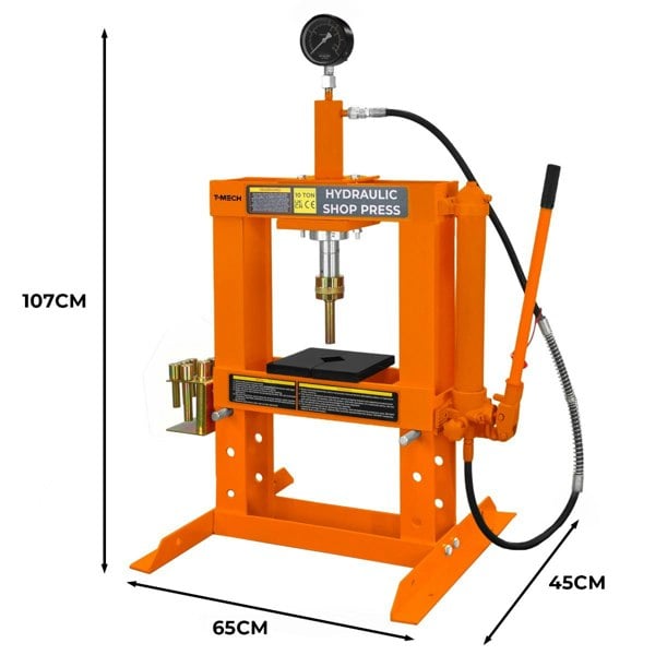 T-mech Hydraulic Shop Press with Gauge – 10 Tonne