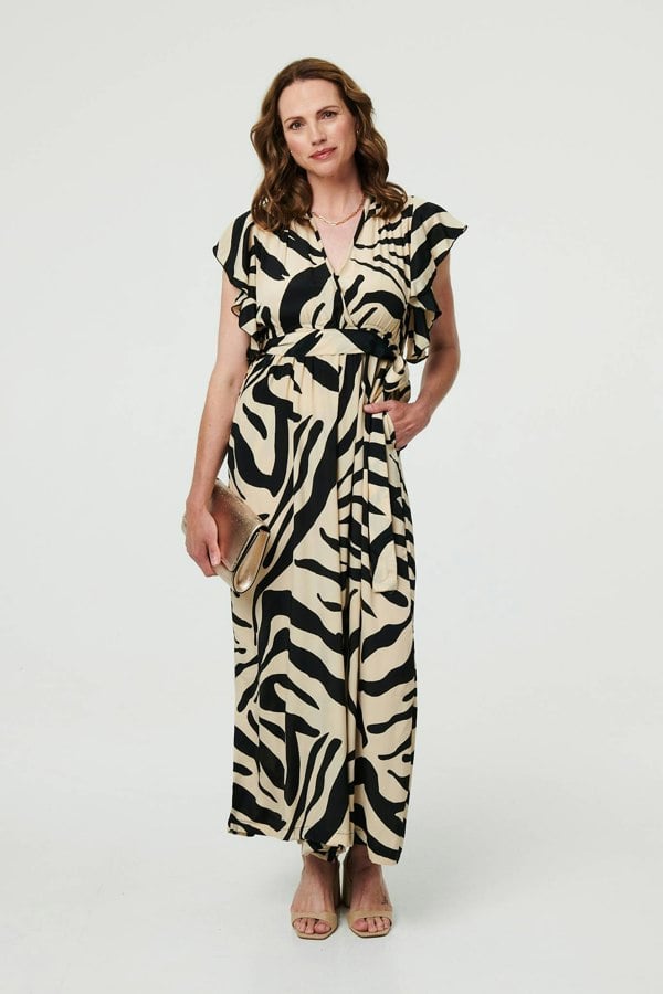 Cream | Zebra Print Frilled Cap Sleeve Jumpsuit
