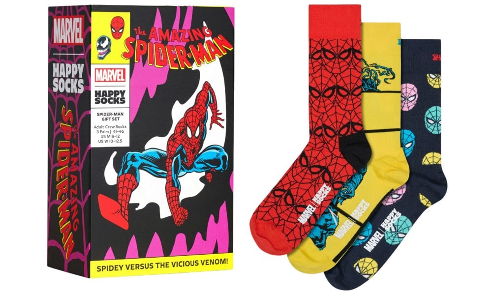 Happy Socks 3-Pack Marvel Spiderman Socks Gift Box, Red/Yellow/Navy