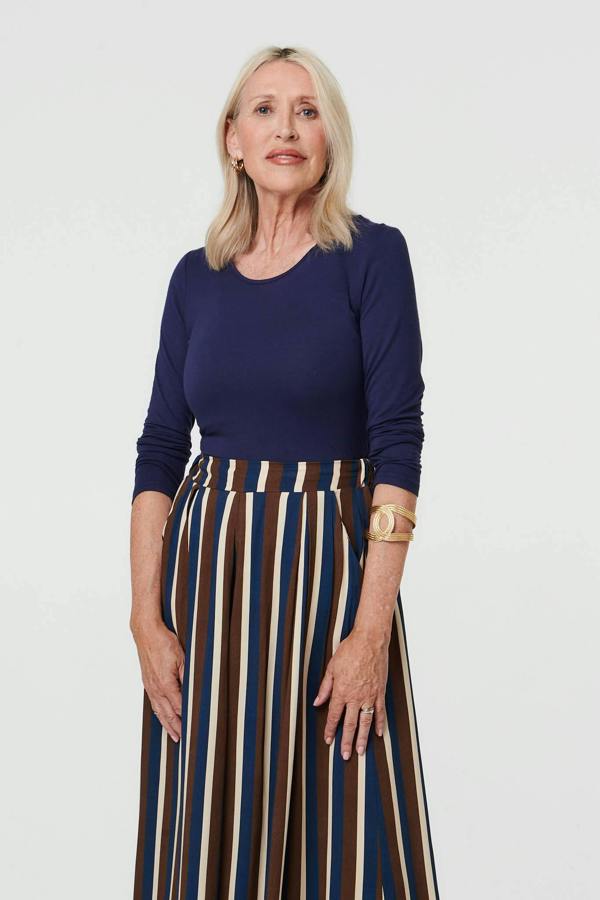 Navy | Striped High Waist Wide Trousers