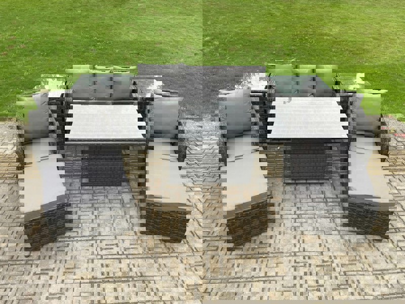 Fimous Outdoor Rattan Furniture Sofa Garden Dining Sets Height Adjustable Rising lifting Table and Chair Set With 2 Side Tables 2 Big Footstools